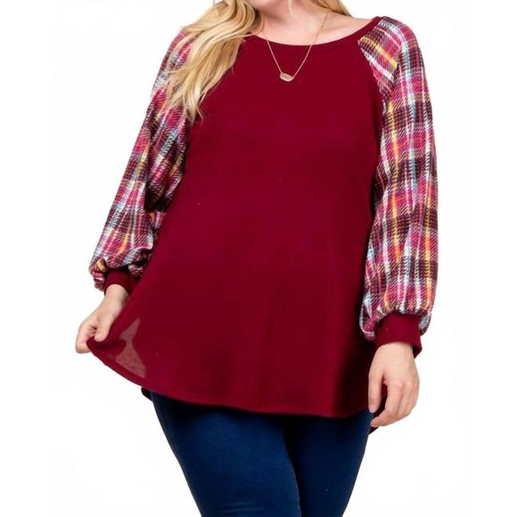 NEW SUPER LADY plaid puff sleeve top (plus) in burgundy - Picture 1 of 4